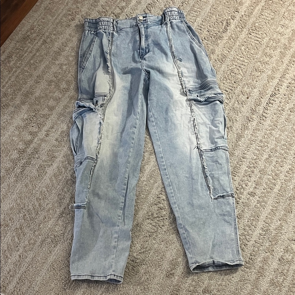 OH Jeans Distressed Cargo Wide Leg Elastic Waist Denim Jeans XL